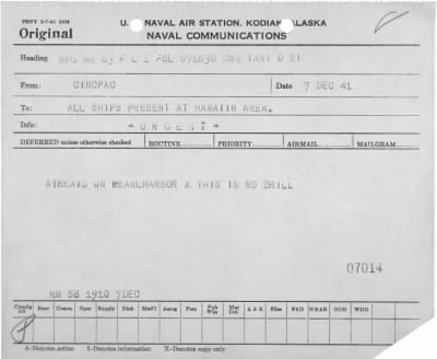 WWII Pearl Harbor attack radiogram